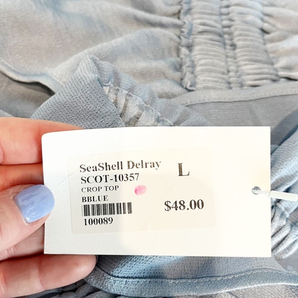 SeaShell Satin Cropped Peplum Ruffle Tank Top Blue Large - Picture 3 of 5